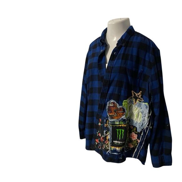 Upcycled Flannel Shirt Shacket Womens 1X Monster Grunge Patchwork Folk Art - Picture 10 of 16